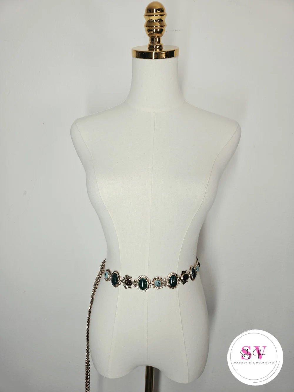 Green and blue gemstone gold chain belt